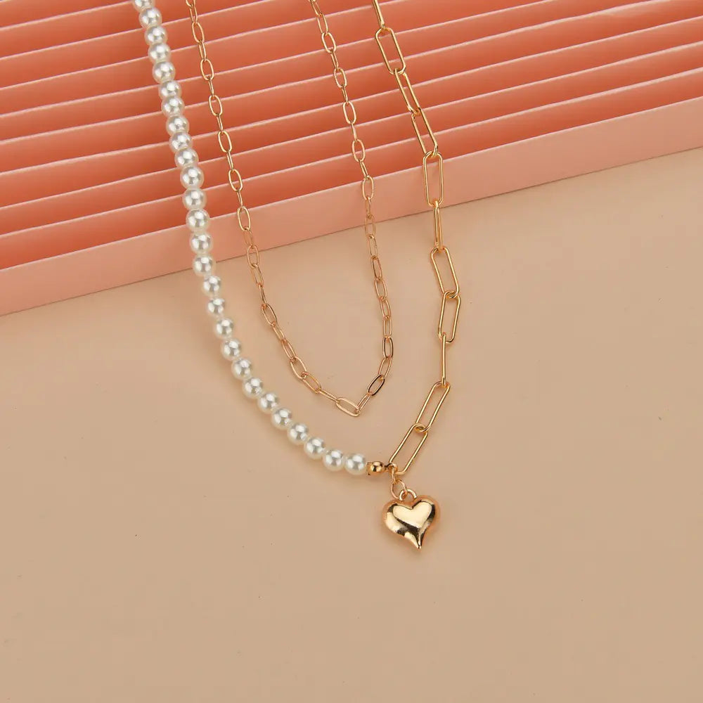 Golden Double-Layer Heart & Faux Pearl Necklace – Timeless Romanc