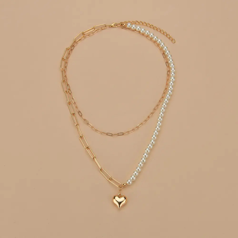 Golden Double-Layer Heart & Faux Pearl Necklace – Timeless Romanc