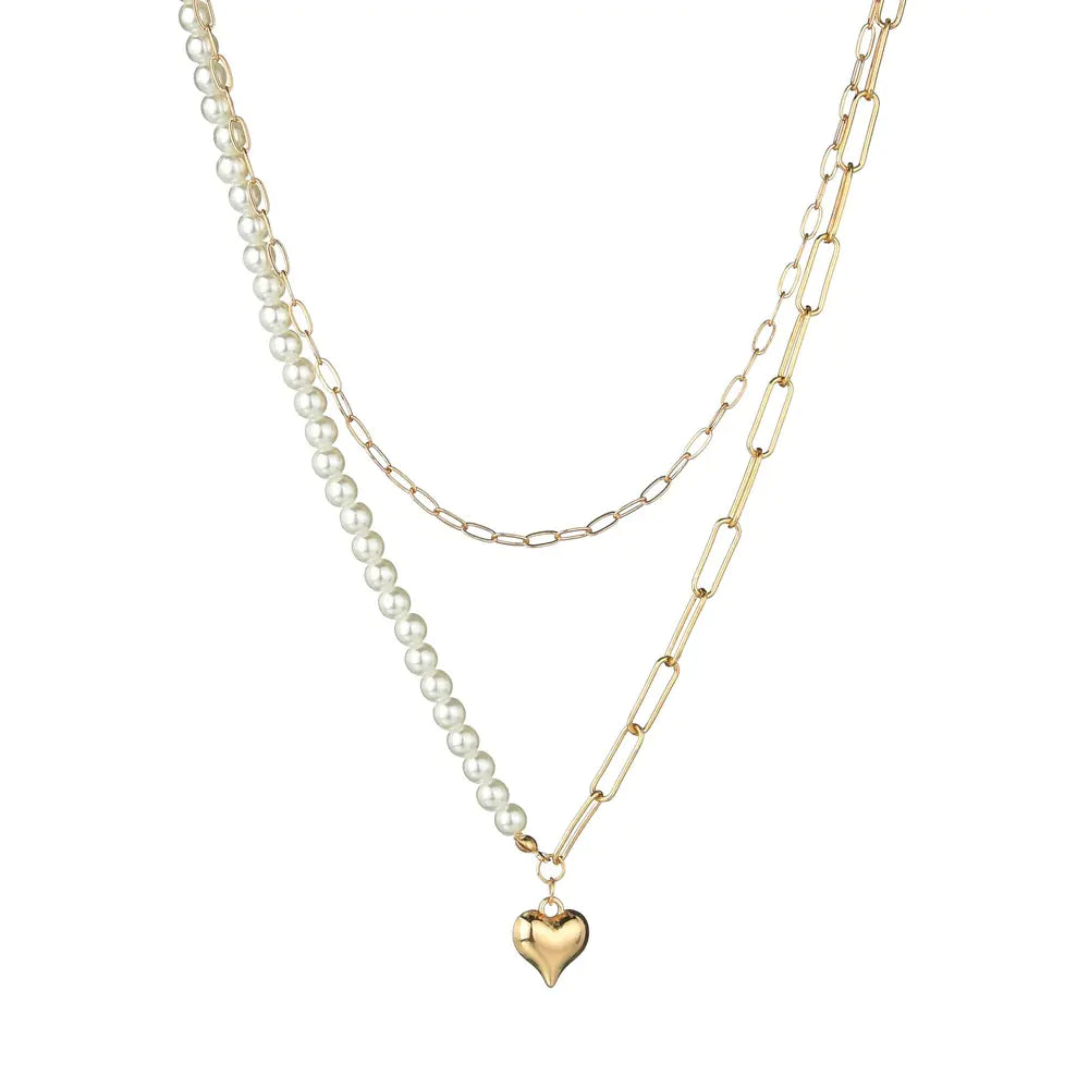 Golden Double-Layer Heart & Faux Pearl Necklace – Timeless Romanc