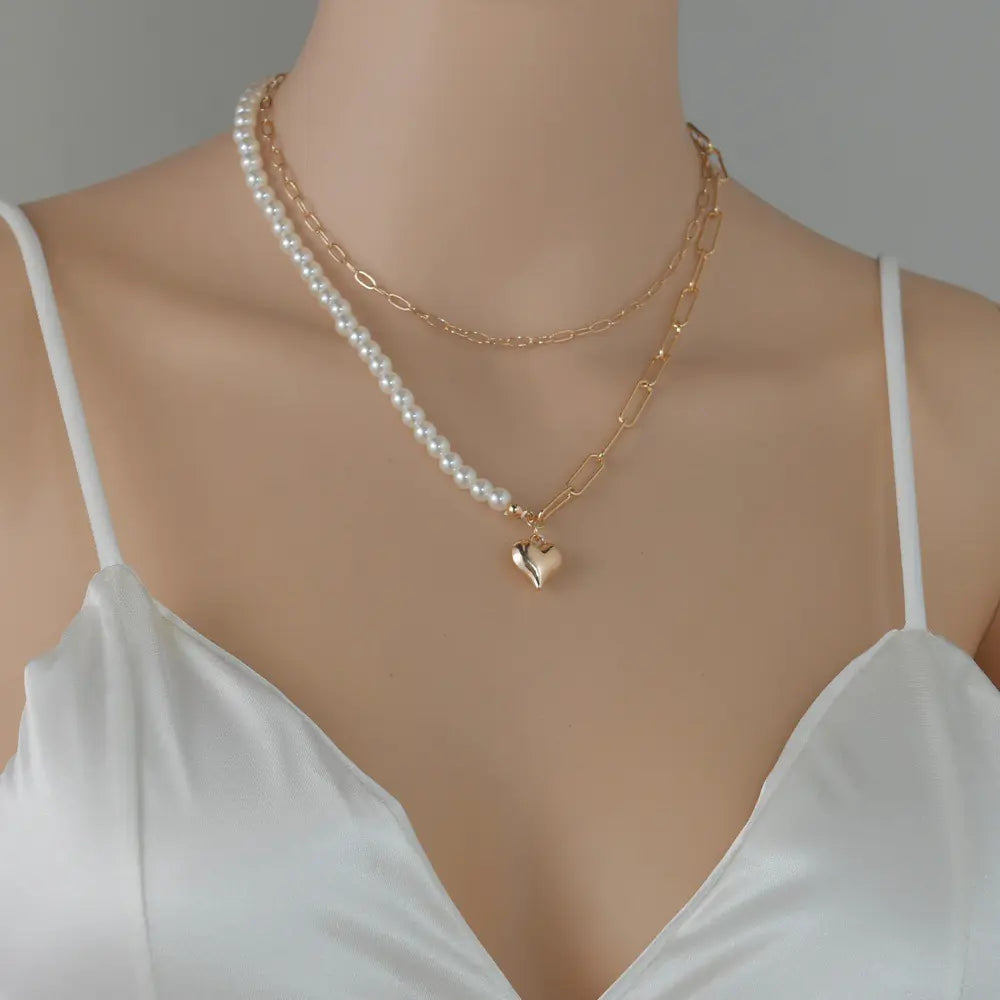 Golden Double-Layer Heart & Faux Pearl Necklace – Timeless Romanc